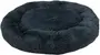 Rund, blød kæledyrsseng i mørkegrå med hævede kanter og plysset, langhåret kunstpels. Giver komfort og støtte til katte eller små hunde. Kan maskinvaskes.