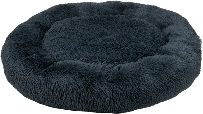 Rund, blød kæledyrsseng i mørkegrå med hævede kanter og plysset, langhåret kunstpels. Giver komfort og støtte til katte eller små hunde. Kan maskinvaskes.