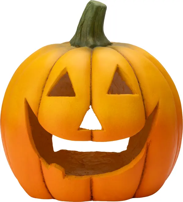 Orange udskåret græskar-jack-o'-lantern med grøn stilk, trekantede øjne og næse samt stort smil til Halloween-dekoration.