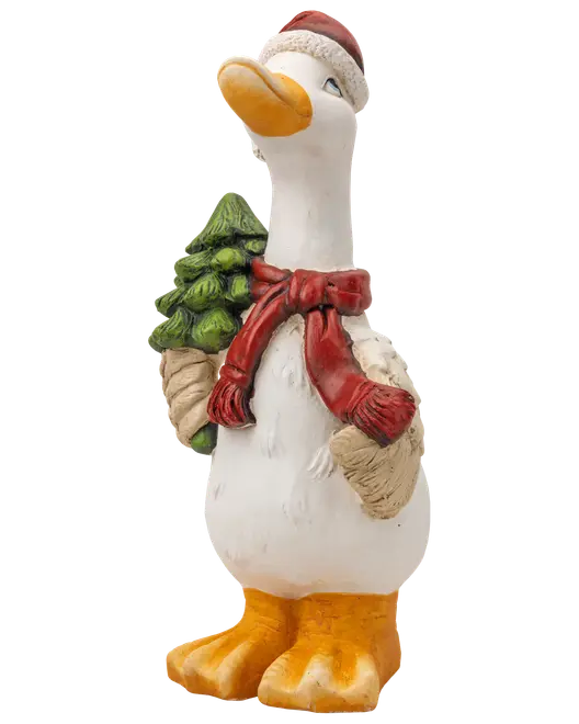 Hvid andefigur med nissehue og rød tørklæde, bærende et juletræ og en sæk, med orange næb og fødder.