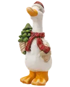 Hvid andefigur med nissehue og rød tørklæde, bærende et juletræ og en sæk, med orange næb og fødder.