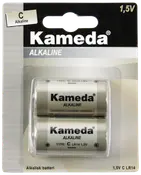 Förpackning med två Kameda alkaliska C-batterier, 1,5V, typ LR14. Passar till olika elektroniska enheter. Silverfärgade batterier med svart text, i plastförpackning.