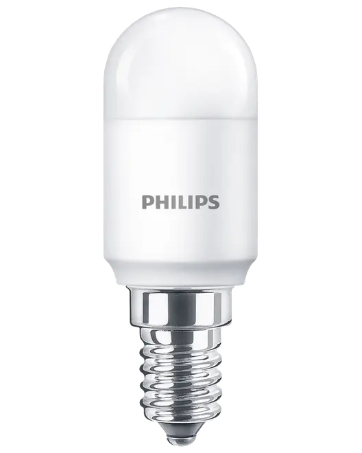 Philips LED-lampa med vit kupol, kompakt form och liten skruvsockel.