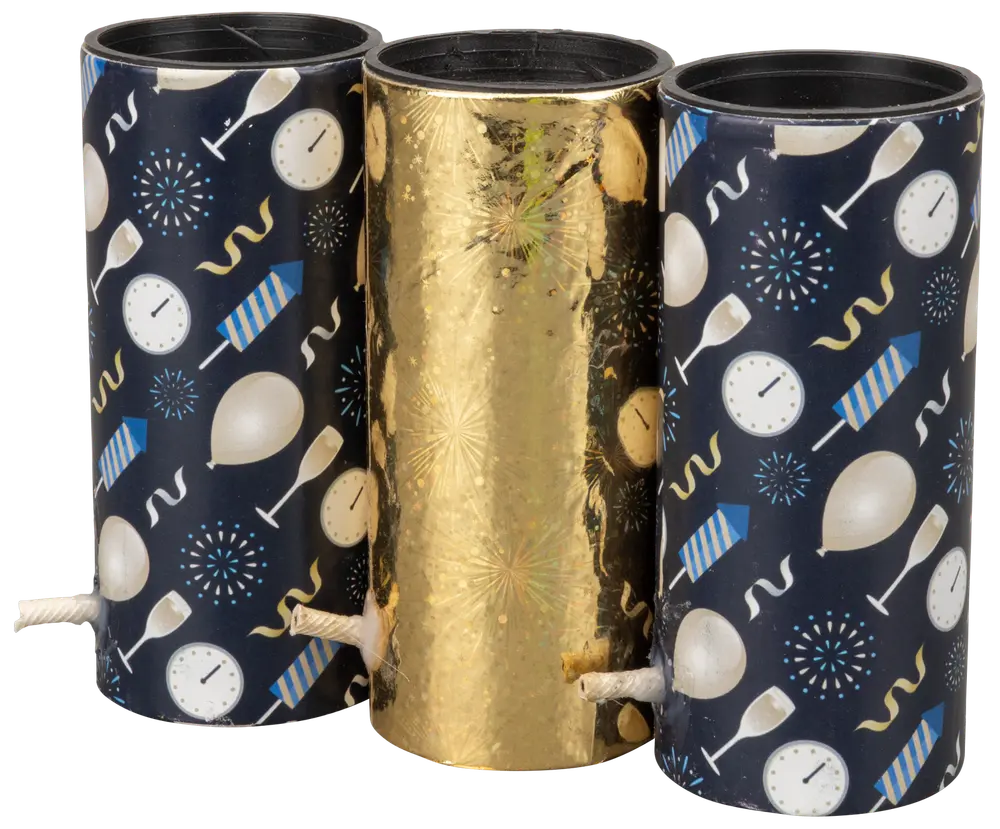 Sæt med tre cylindriske festbomber med nytårstema, inklusive ure, balloner, champagneglas og fyrværkeri. Hver bombe har en snor til aktivering.