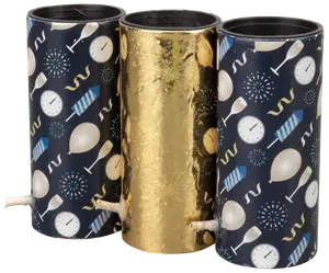 Sæt med tre cylindriske festbomber med nytårstema, inklusive ure, balloner, champagneglas og fyrværkeri. Hver bombe har en snor til aktivering.