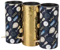 Sæt med tre cylindriske festbomber med nytårstema, inklusive ure, balloner, champagneglas og fyrværkeri. Hver bombe har en snor til aktivering.