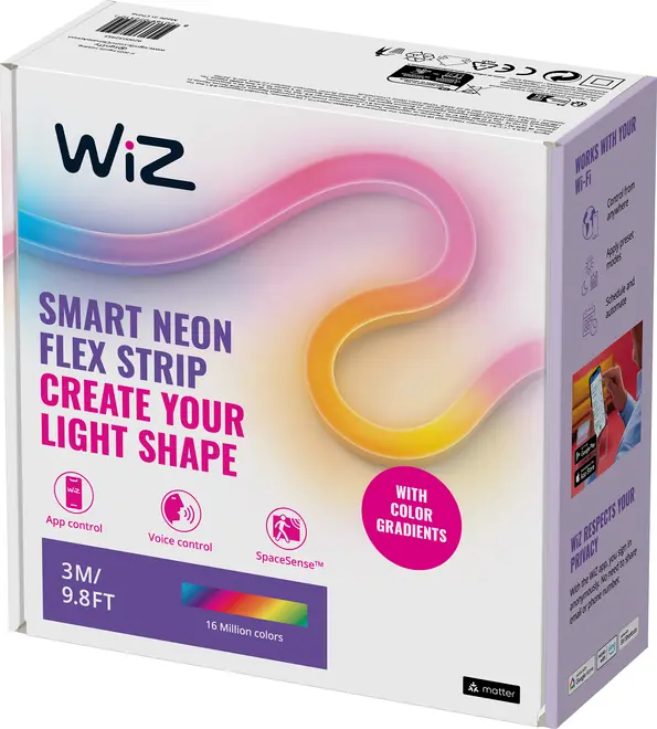 WiZ Smart Neon Flex Strip, 3 meter (9,8 fod), app- og stemmestyring, formbar, farvegradienter, 16 millioner farver, Wi-Fi-kompatibel, inkluderer SpaceSense-funktion.