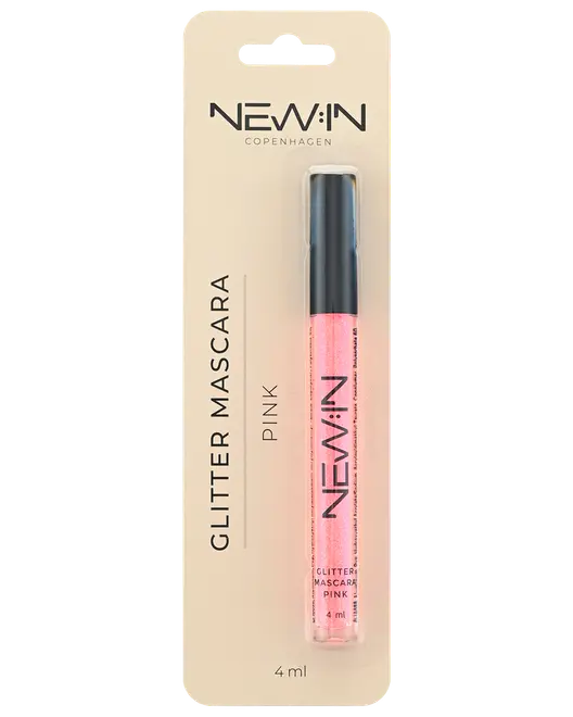 NE:W:IN Copenhagen pink glittermascara, 4 ml, i slank tube på beige blisterpakning.