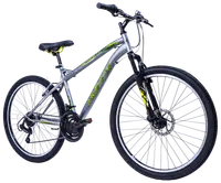 Silverfärgad mountainbike med framdämpning, 21-växlad växelsystem, skivbromsar, svarta styren och grova däck. Bekväm sadel och hållbar ram för terräng och stad.