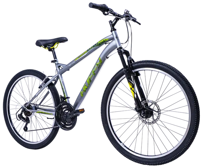 Silverfärgad mountainbike med framdämpning, 21-växlad växelsystem, skivbromsar, svarta styren och grova däck. Bekväm sadel och hållbar ram för terräng och stad.