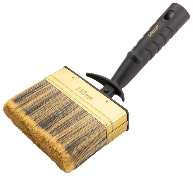 Bred 120 mm malerpensel med tykke, naturlige børster, guldfarvet metalbånd og sort ergonomisk plastikhåndtag. Velegnet til store overflader.