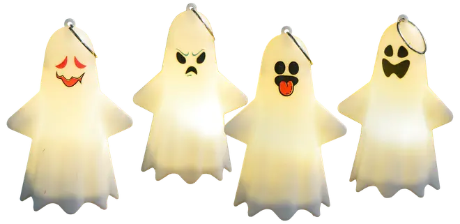 Fyra LED-nyckelringar formade som spöken, varje med unikt ansiktsuttryck. Tillverkade av vit plast, perfekta för Halloween. Medföljande metallnyckelringar.