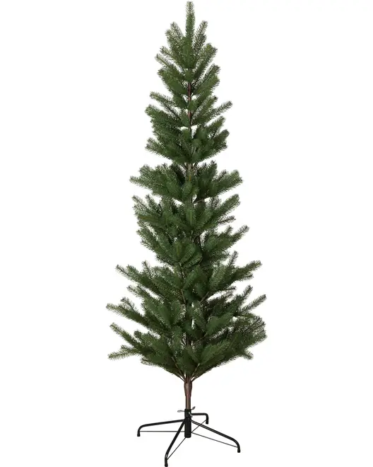 Slankt kunstigt juletræ med grønne, naturtro grene, højt og smalt design, solid sort metalfod. Perfekt til små rum eller hjørner. Ingen pynt medfølger.
