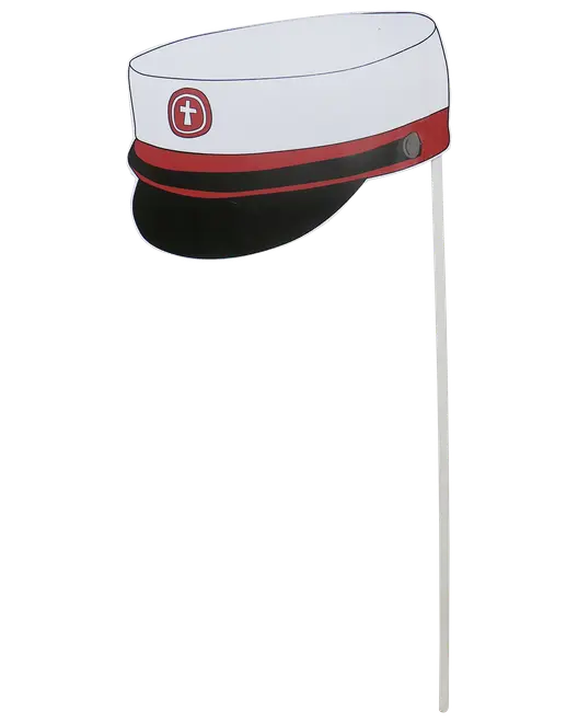 Papudskæring af en dansk studenterhue med hvid top, rød bånd, sort skygge og kors-emblem, monteret på en pind til dekoration eller fejring.