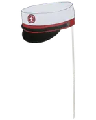 Papudskæring af en dansk studenterhue med hvid top, rød bånd, sort skygge og kors-emblem, monteret på en pind til dekoration eller fejring.