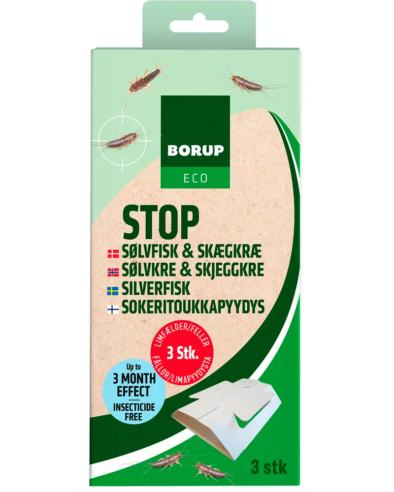 Borup Eco sølvfiskefælde, insekticidfri, 3 stk. Papfælder med lim indeni, effektiv op til 3 måneder. Grøn og beige emballage med produktinformation og billeder af sølvfisk.