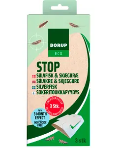 Borup Eco sølvfiskefælde, insekticidfri, 3 stk. Papfælder med lim indeni, effektiv op til 3 måneder. Grøn og beige emballage med produktinformation og billeder af sølvfisk.