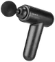 Sort håndholdt massagepistol med ergonomisk greb, rund skum-tilsats og "INFINITY" mærke. Til dybdegående muskelmassage, kompakt og nem at transportere til hjemmet eller fitness.