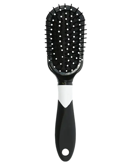 Sort oval paddle-hårbørste med hvid detalje, fleksible børstehår og ergonomisk håndtag.