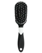Svart oval paddle-hårborste med vit detalj, flexibla borst och ergonomiskt handtag.