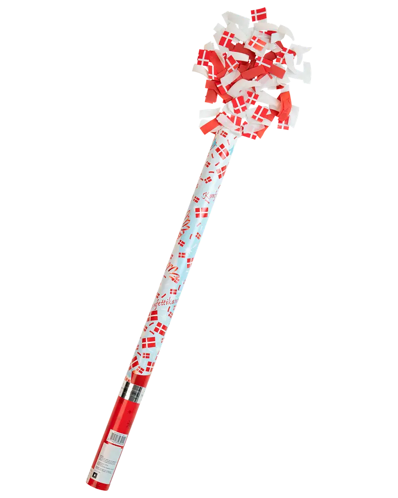Konfettikanon 78 cm rød/hvid + flag