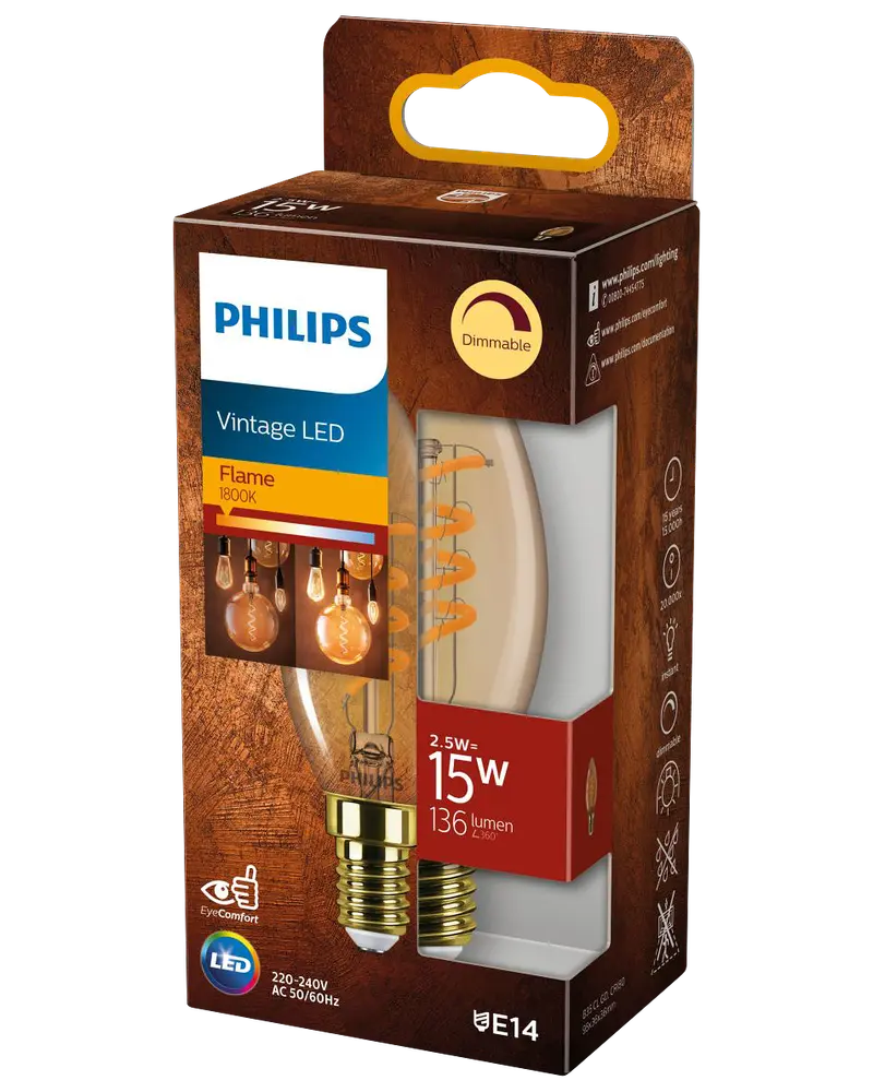 PHILIPS LED-pære 2,5W E14 C35 - flame