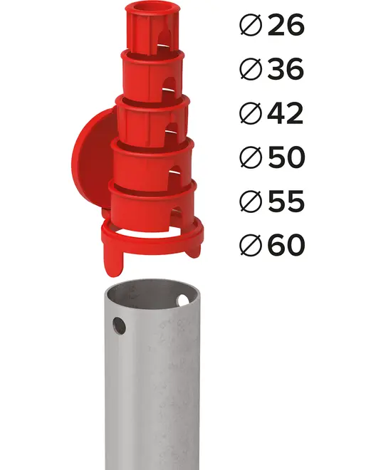 Rødt måleværktøj til rørdiametre 26, 36, 42, 50, 55 og 60 mm, vist over et metalrør med målehuller.
