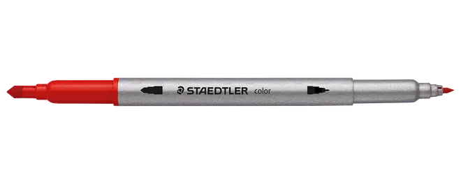 Dobbeltenderet Staedtler farvetusch med sølvfarvet skaft, rød hætte og spids samt fine sorte detaljer.