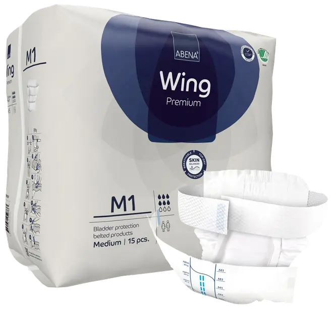 Pakke med Abena Wing Premium M1 blebælteprodukter, medium størrelse, 15 stk. Justerbart bælte, blødt materiale og hudbeskyttelse. Velegnet til moderat inkontinens.