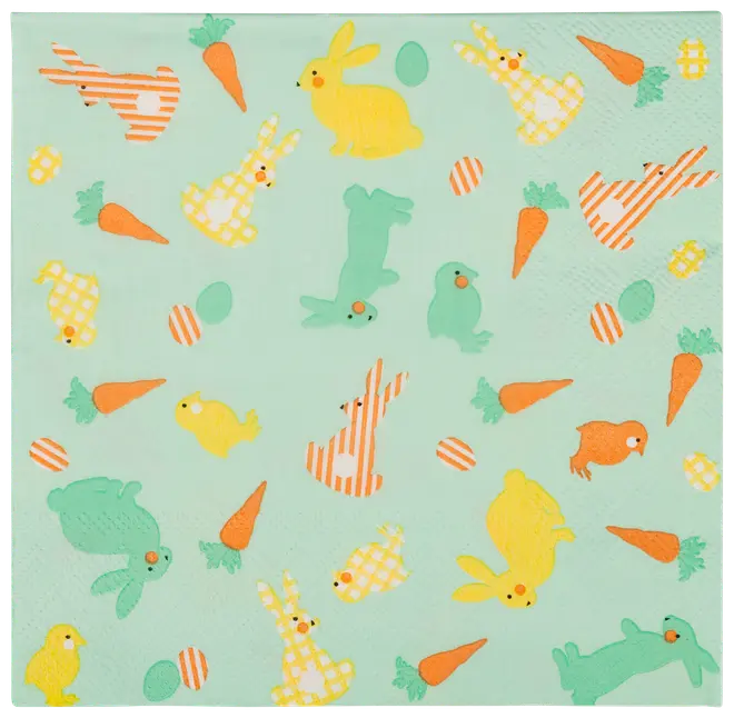 Lysegrøn serviet med farverige tryk af kaniner, kyllinger, gulerødder og æg i gule, orange, grønne og hvide mønstre. Ideel til påske eller forårsfester.
