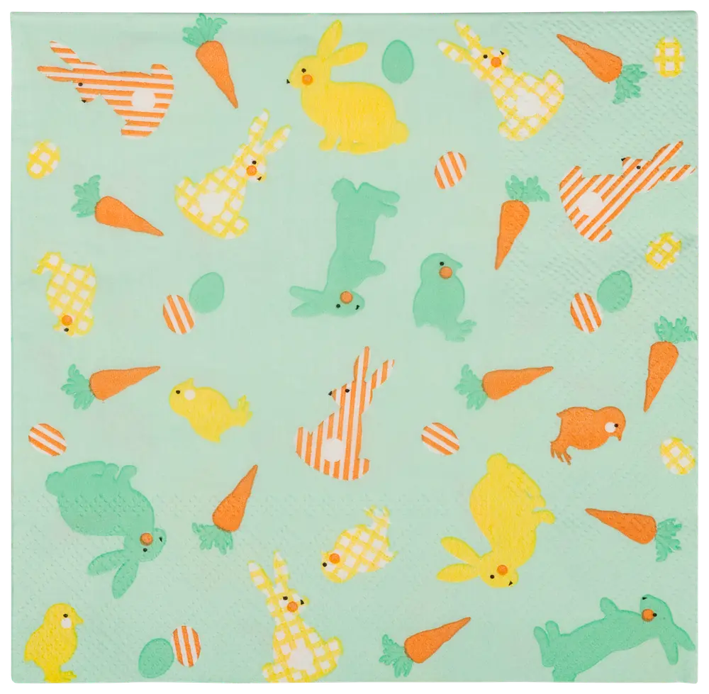 Lysegrøn serviet med farverige tryk af kaniner, kyllinger, gulerødder og æg i gule, orange, grønne og hvide mønstre. Ideel til påske eller forårsfester.