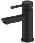 Mat sort badeværelsesarmatur med cylindrisk krop, enkelt greb og moderne minimalistisk design. Har varmt og koldt indikatorer på toppen. Passer til moderne håndvaske.