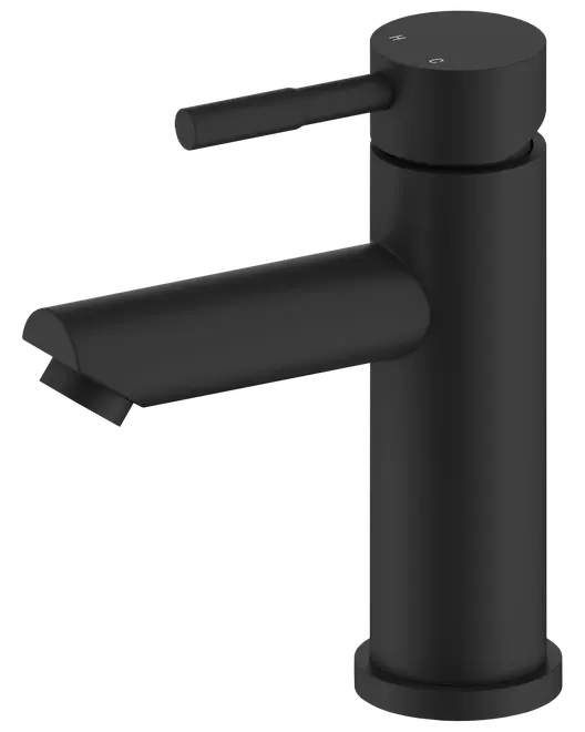 Mat sort badeværelsesarmatur med cylindrisk krop, enkelt greb og moderne minimalistisk design. Har varmt og koldt indikatorer på toppen. Passer til moderne håndvaske.