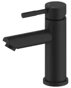 Mat sort badeværelsesarmatur med cylindrisk krop, enkelt greb og moderne minimalistisk design. Har varmt og koldt indikatorer på toppen. Passer til moderne håndvaske.