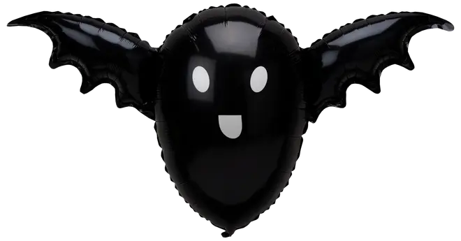 Sort folieballon formet som en flagermus med to vinger, hvide øjne og smilende mund. Perfekt til Halloween eller temafester. Skinnende overflade, let og nem at oppuste.