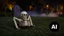 Livsstørrelse skeletdekoration til haven, med kranium, ribben, arme og hænder, der stikker op af jorden til Halloween-udstilling. - Billedet er skabt med AI