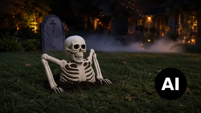 Livsstørrelse skeletdekoration til haven, med kranium, ribben, arme og hænder, der stikker op af jorden til Halloween-udstilling. - Billedet er skabt med AI