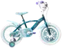 Barncykel med Frost-tema, stödhjul, vita däck, turkos ram, Elsa och Olaf-motiv, snöflingedetaljer, vadderad sadel och korg på styret. Passar nybörjare.