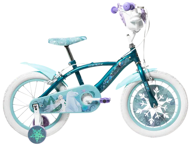 Barncykel med Frost-tema, stödhjul, vita däck, turkos ram, Elsa och Olaf-motiv, snöflingedetaljer, vadderad sadel och korg på styret. Passar nybörjare.