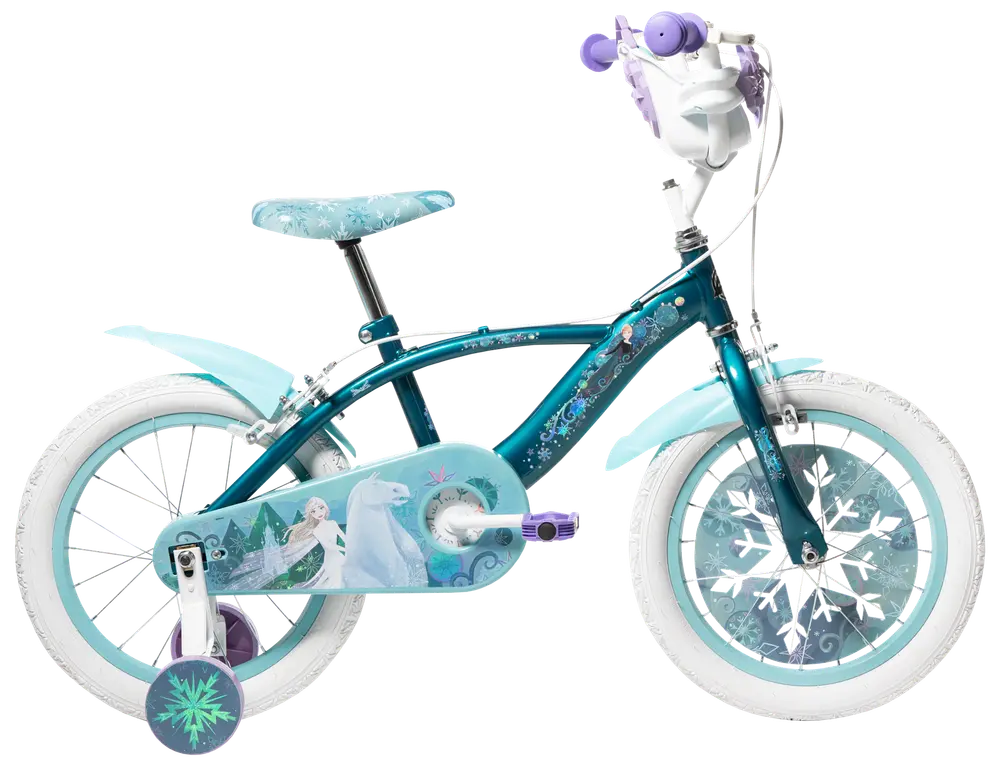 Barncykel med Frost-tema, stödhjul, vita däck, turkos ram, Elsa och Olaf-motiv, snöflingedetaljer, vadderad sadel och korg på styret. Passar nybörjare.