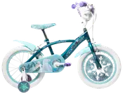Børnecykel med Frost-tema, støttehjul, hvide dæk, turkis stel, Elsa og Olaf motiver, snefnugdetaljer, polstret sadel og kurv på styret. Velegnet til begyndere.