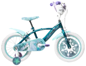 Barncykel med Frost-tema, stödhjul, vita däck, turkos ram, Elsa och Olaf-motiv, snöflingedetaljer, vadderad sadel och korg på styret. Passar nybörjare.