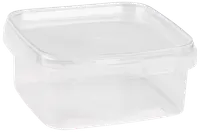 Klar, fyrkantig plastmatlåda med tättslutande lock. Perfekt för förvaring av matrester, matförberedelse eller organisering i skafferiet. Hållbar och lätt att rengöra.