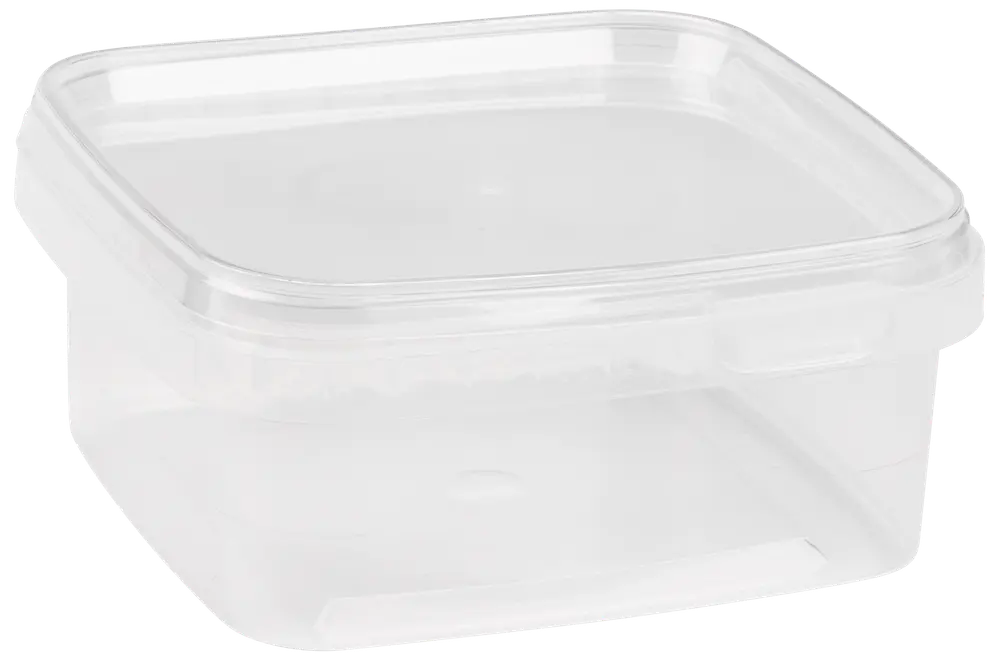 Klar, fyrkantig plastmatlåda med tättslutande lock. Perfekt för förvaring av matrester, matförberedelse eller organisering i skafferiet. Hållbar och lätt att rengöra.