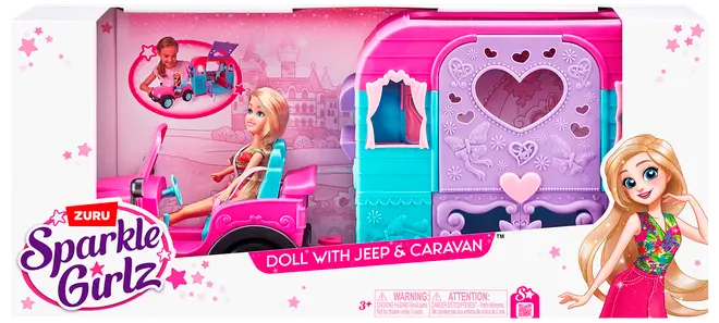Dukke med jeep og campingvogn