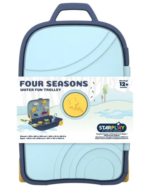 Lyseblå plasttrolley med håndtag, mærket 'Four Seasons Water Fun Trolley'. Velegnet til børn fra 12 måneder. Indeholder vandlegstilbehør, kompakt og bærbar.