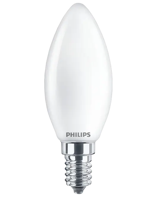 Philips LED-ljuskälla i stearinljusform med frostat vitt glas och liten E14-sockel. Energibesparande, passar dekorativa armaturer, ger mjukt, diffust ljus.