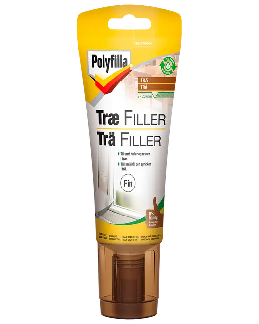 Polyfilla Træ Filler i tube med påføringsspids, velegnet til udfyldning af små huller og revner i træ. Fleksibel, fin finish, til indendørs og udendørs brug.