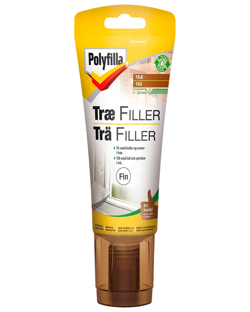 Polyfilla Træ Filler i tube med påføringsspids, velegnet til udfyldning af små huller og revner i træ. Fleksibel, fin finish, til indendørs og udendørs brug.