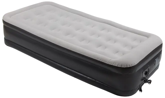 Oppustelig enkeltseng med hævede kanter, blød lysegrå overflade og sorte sider. Indbygget elektrisk pumpe for nem oppustning og tømning. Holdbar og transportabel.